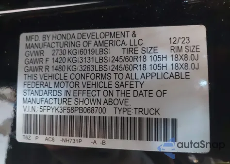 2023 Honda Ridgeline Rtl z USA, uszkodzony, nr VIN 5FPYK3F58PB068700